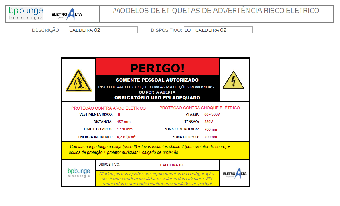 MODELO DE ETIQUETA DE ADVERTENCIA RISCO ELÉTRICO NR10