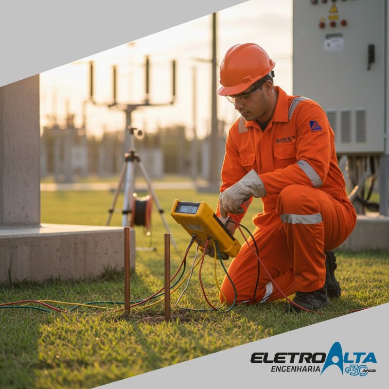 Técnico da EletroAlta realizando medição de aterramento para Inspeção SPDA NBR 5419