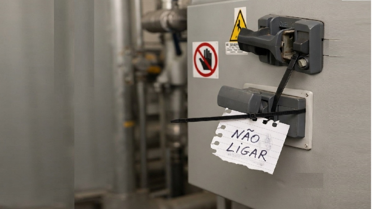 Bloqueio LOTO improvisado em painel industrial sem padronização — cenário comum nas plantas brasileiras