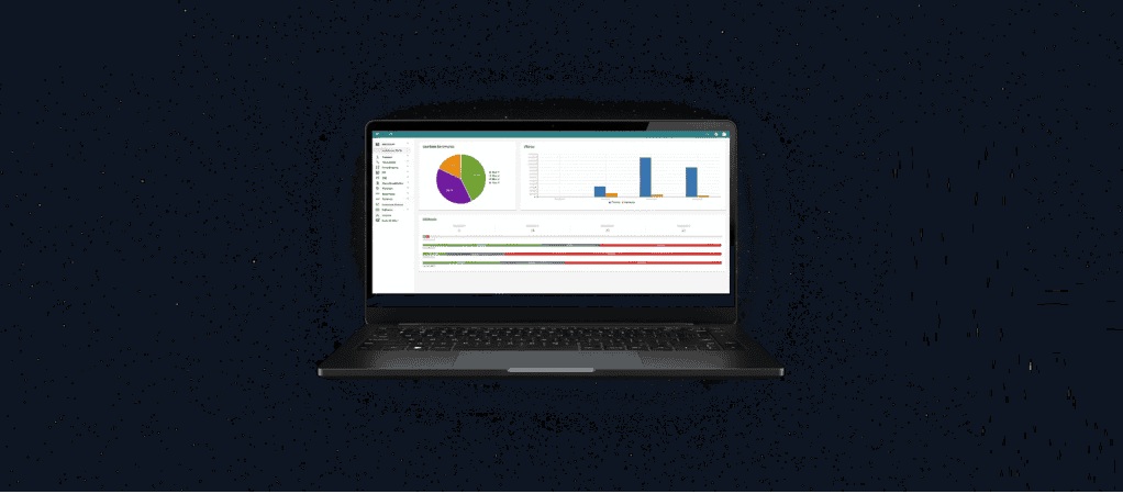 Painel do SGNR10 exibido em notebook, mostrando gráfico de distribuição de riscos, gráfico de cronograma e lista de instalações com indicadores de status em verde, laranja e vermelho
