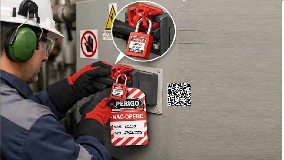 Ponto de bloqueio LOTO padronizado com dispositivo correto, etiqueta e QR Code — padrão EletroAlta