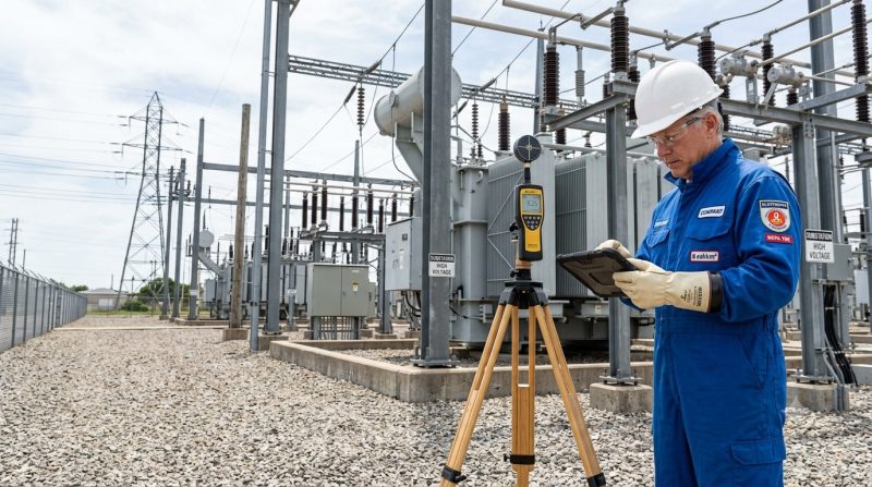 Engenheiro eletricista realizando medição profissional de campos elétricos, magnéticos e eletromagnéticos em subestação de energia utilizando equipamento calibrado conforme Lei nº 11.934/2009 e Resolução Normativa ANEEL nº 915/2021.